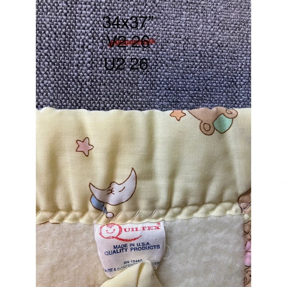 Vintage Quiltex Baby Blanket Teddy Bear Cloud‎ Moon Stars Yellow Cream 34x37 USA